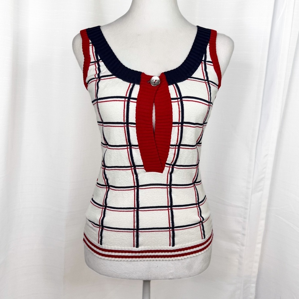 Miss Sixty Tank Top Large Y2K Plaid Striped Knit Red White Navy Made Italy